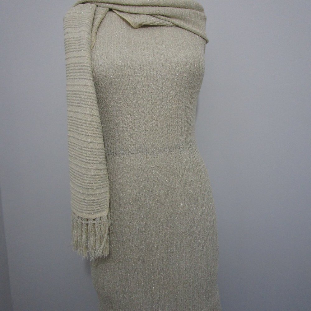 S 1960s Pinup Wiggle Bodycon Dress w Fringe Scarf Linen Champagne Metallic - Picture 11 of 11